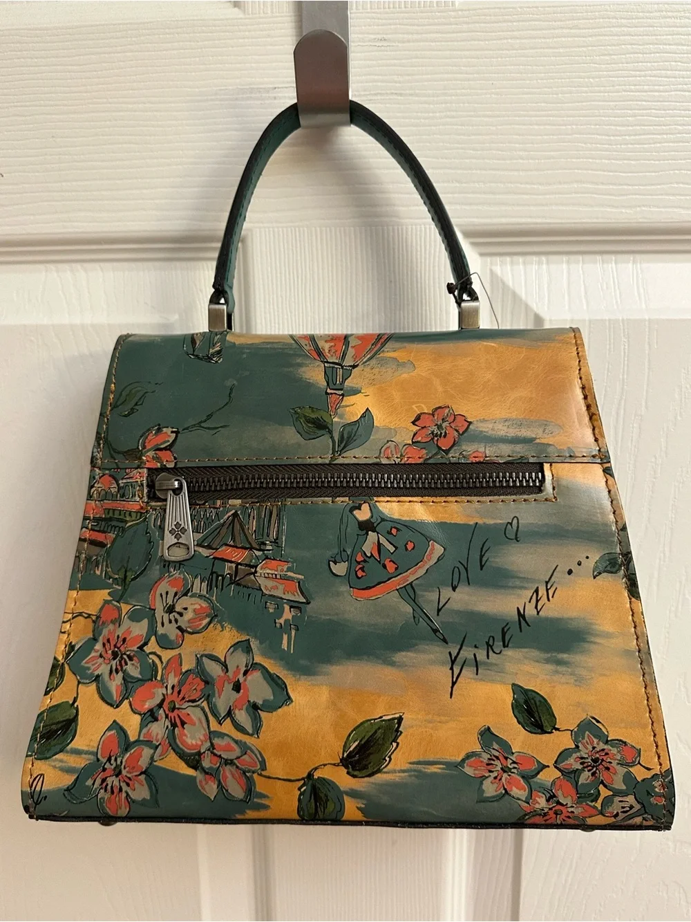Patricia Nash Floral Top-Handle Satchel in Tan and Green